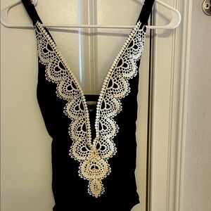 Black Swimsuit with Cream Detail